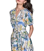 KARL LAGERFELD PARIS Handkerchief Hem Split V-Neckline Short Sleeve Button Front Shirt Midi Dress
