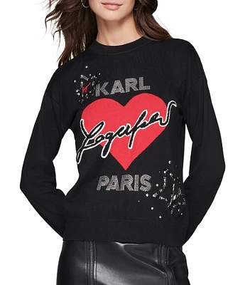 KARL LAGERFELD PARIS Heart Graphic Stud Embellished Crew Neck Long Sleeve Sweater