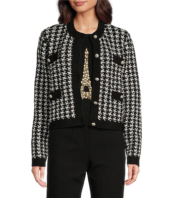 KARL LAGERFELD PARIS Houndstooth Flap Pocket Long Sleeve Button Front Cardigan