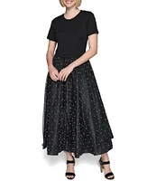 KARL LAGERFELD PARIS Jersey Crew Neck Short Sleeve Pearl Mesh Midi Dress