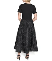 KARL LAGERFELD PARIS Jersey Crew Neck Short Sleeve Pearl Mesh Midi Dress