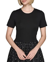 KARL LAGERFELD PARIS Jersey Crew Neck Short Sleeve Pearl Mesh Midi Dress