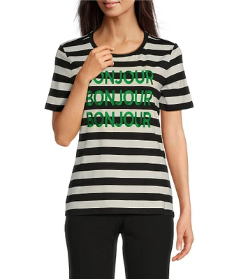 KARL LAGERFELD PARIS Jersey Knit Stripe Bonjour Crew Neck Short Sleeve Tee