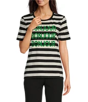 KARL LAGERFELD PARIS Jersey Knit Stripe Bonjour Crew Neck Short Sleeve Tee
