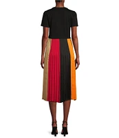 KARL LAGERFELD PARIS Jersey Round Neck Short Sleeve Color Block Pleated Midi Dress