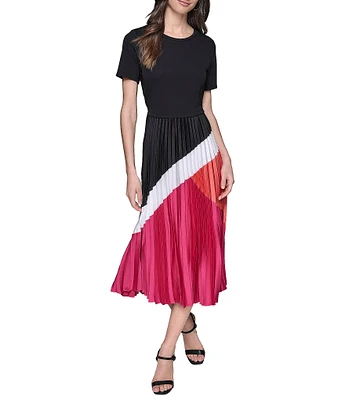 KARL LAGERFELD PARIS Jersey Satin Colorblock Print Crew Neck Short Sleeve Pleated Skirt Sheath Midi Dress