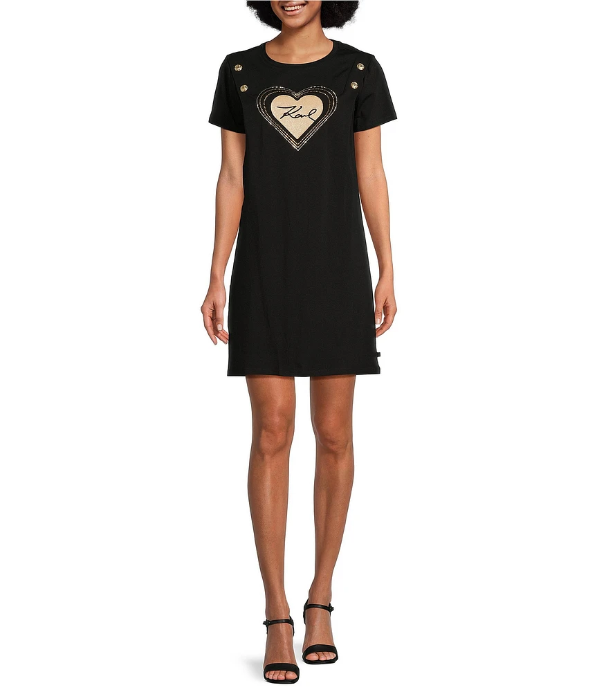 KARL LAGERFELD PARIS Karl Heart Logo Button Detail Crew Neck Short Sleeve Shirt Dress