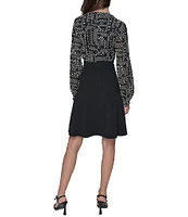 KARL LAGERFELD PARIS Keyhole Neck Embroidered Dot Mixed Media Aline Dress