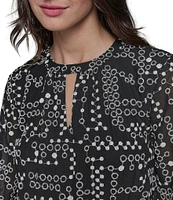 KARL LAGERFELD PARIS Keyhole Neck Embroidered Dot Mixed Media Aline Dress