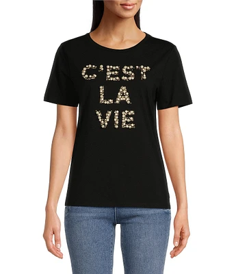 KARL LAGERFELD PARIS Knit C'est La Vie Pearl Embellished Short Sleeve T-Shirt