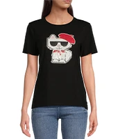 KARL LAGERFELD PARIS Knit Choupette Emoji Graphic Logo Tee