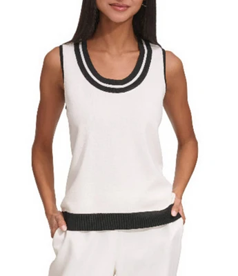 KARL LAGERFELD PARIS Knit Contrast Trim Scoop Neckline Sleeveless Tank
