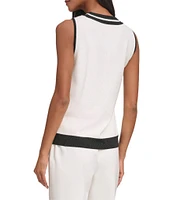 KARL LAGERFELD PARIS Knit Contrast Trim Scoop Neckline Sleeveless Tank