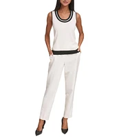 KARL LAGERFELD PARIS Knit Contrast Trim Scoop Neckline Sleeveless Tank