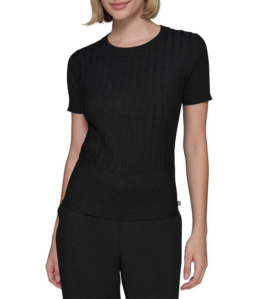 KARL LAGERFELD PARIS Knit Crew Neck Short Sleeve Ribbed Sweater