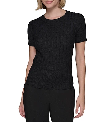 KARL LAGERFELD PARIS Knit Crew Neck Short Sleeve Ribbed Sweater