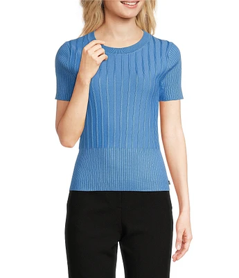 KARL LAGERFELD PARIS Knit Crew Neck Short Sleeve Ribbed Sweater