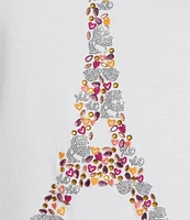 KARL LAGERFELD PARIS Knit Jersey Crew Neck Short Sleeve Embellished Eiffel Tower Tee