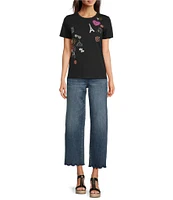 KARL LAGERFELD PARIS Knit Jersey Embellished Crew Neck Short Sleeve Tee