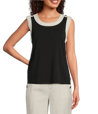 KARL LAGERFELD PARIS Knit Jersey Round Neck Sleeveless Contrast Trim Top