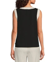KARL LAGERFELD PARIS Knit Jersey Round Neck Sleeveless Contrast Trim Top
