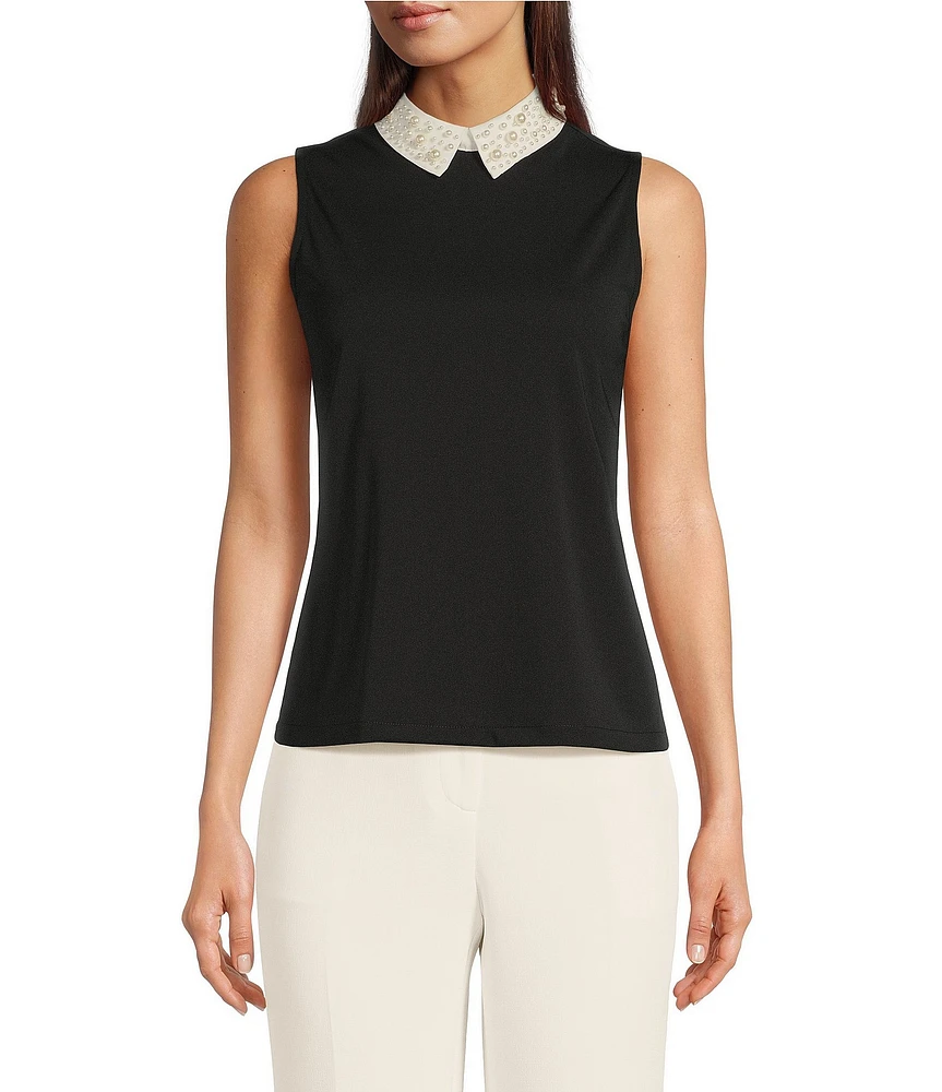 KARL LAGERFELD PARIS Knit Matte Jersey Pearl Collar Sleeveless Top
