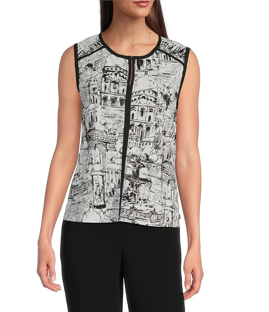 KARL LAGERFELD PARIS Knit Matte Jersey Round Neck Sleeveless Top