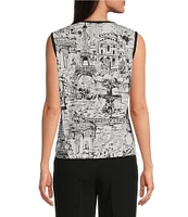 KARL LAGERFELD PARIS Knit Matte Jersey Round Neck Sleeveless Top