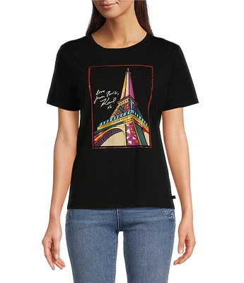 KARL LAGERFELD PARIS Knit Multi Color Eiffel Tower Short Sleeve T-Shirt