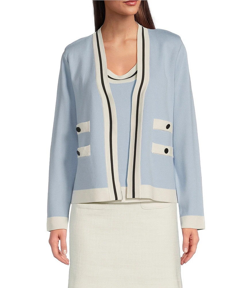 KARL LAGERFELD PARIS Knit Open Front Long Sleeve Color Block Cardigan