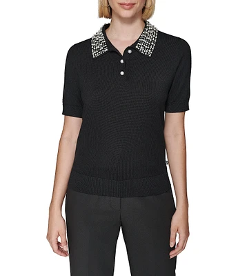 KARL LAGERFELD PARIS Knit Pearl Collar Short Sleeve Button Front Polo Top