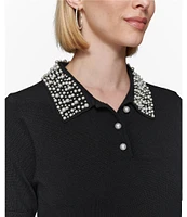 KARL LAGERFELD PARIS Knit Pearl Collar Short Sleeve Button Front Polo Top