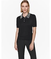 KARL LAGERFELD PARIS Knit Pearl Collar Short Sleeve Button Front Polo Top