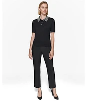 KARL LAGERFELD PARIS Knit Pearl Collar Short Sleeve Button Front Polo Top