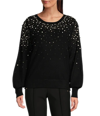 KARL LAGERFELD PARIS Knit Pearlized Crew Neck Long Sleeve Sweater Top