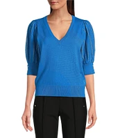 KARL LAGERFELD PARIS Knit Solid V-Neck Short Stripe Puff Sleeve Sweater