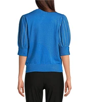 KARL LAGERFELD PARIS Knit Solid V-Neck Short Stripe Puff Sleeve Sweater