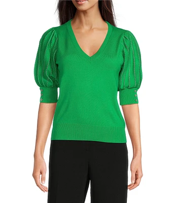 KARL LAGERFELD PARIS Knit Solid V-Neck Short Stripe Puff Sleeve Sweater