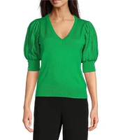 KARL LAGERFELD PARIS Knit Solid V-Neck Short Stripe Puff Sleeve Sweater