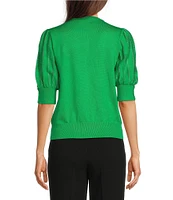 KARL LAGERFELD PARIS Knit Solid V-Neck Short Stripe Puff Sleeve Sweater
