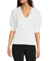 KARL LAGERFELD PARIS Knit Solid V-Neck Short Stripe Puff Sleeve Sweater