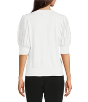 KARL LAGERFELD PARIS Knit Solid V-Neck Short Stripe Puff Sleeve Sweater