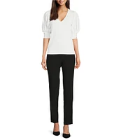 KARL LAGERFELD PARIS Knit Solid V-Neck Short Stripe Puff Sleeve Sweater