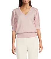 KARL LAGERFELD PARIS Knit Solid V-Neck Short Stripe Puff Sleeve Sweater