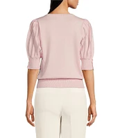 KARL LAGERFELD PARIS Knit Solid V-Neck Short Stripe Puff Sleeve Sweater