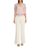 KARL LAGERFELD PARIS Knit Solid V-Neck Short Stripe Puff Sleeve Sweater
