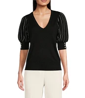 KARL LAGERFELD PARIS Knit Solid V-Neck Short Stripe Puff Sleeve Sweater