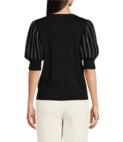 KARL LAGERFELD PARIS Knit Solid V-Neck Short Stripe Puff Sleeve Sweater
