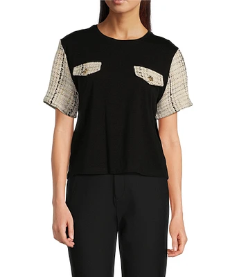 KARL LAGERFELD PARIS Knit Tweed Pocket Short Sleeve Top