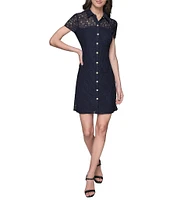 KARL LAGERFELD PARIS Lace Point Collar Neck Short Sleeve Button Front Shirt Mini Dress